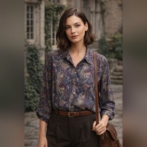 Vintage Paisley Multicolor Blue Maroon Button-Up Long Sleeve Retro Boho Top